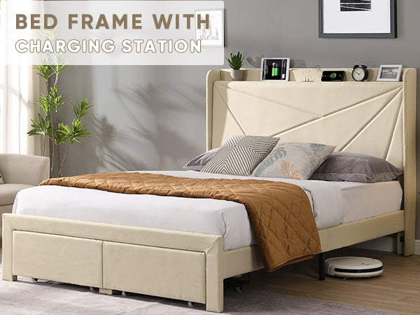 Full Size Upholstered Bed with Drawers – Beige