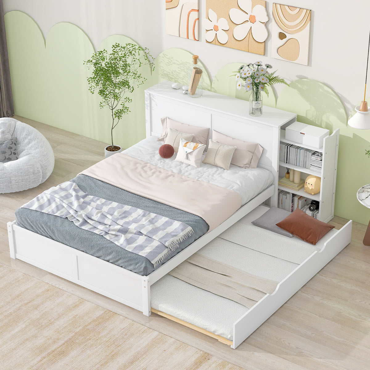 Queen Storage Platform Bed with Trundle White