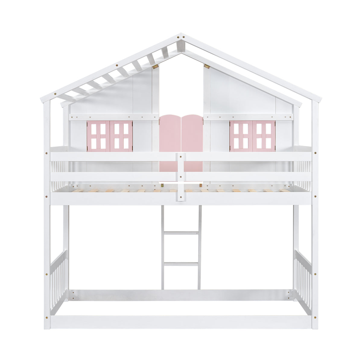 Twin House Bunk Bed with Ladder Pink White