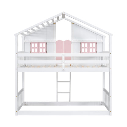 Twin House Bunk Bed with Ladder Pink White