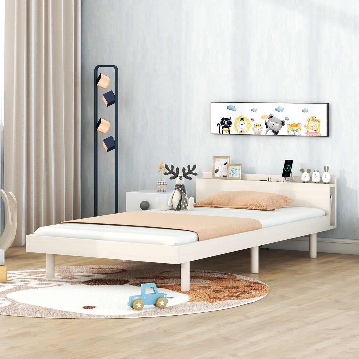 Twin Platform Bed with USB Ports White Wash