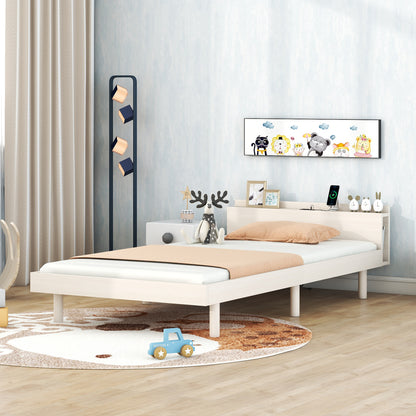 Twin Platform Bed with USB Ports White Wash
