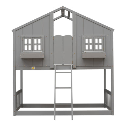 Twin House Bunk Bed with Ladder Grey
