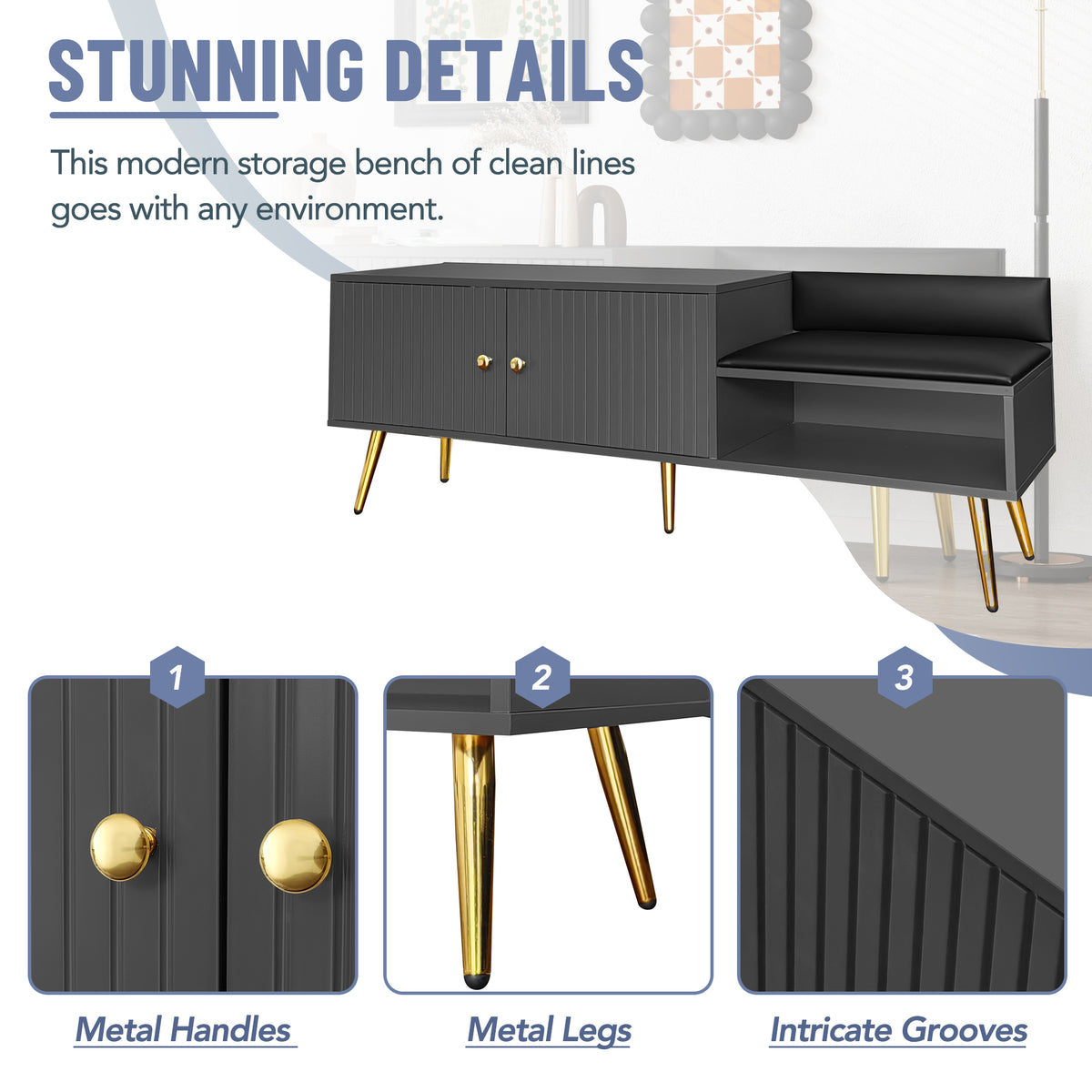 Modern Gray Shoe Storage Bench with Hidden Upholstered Seat