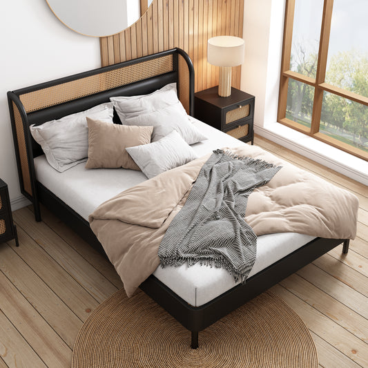 Cannage Rattan Queen Platform Bed Black Finish