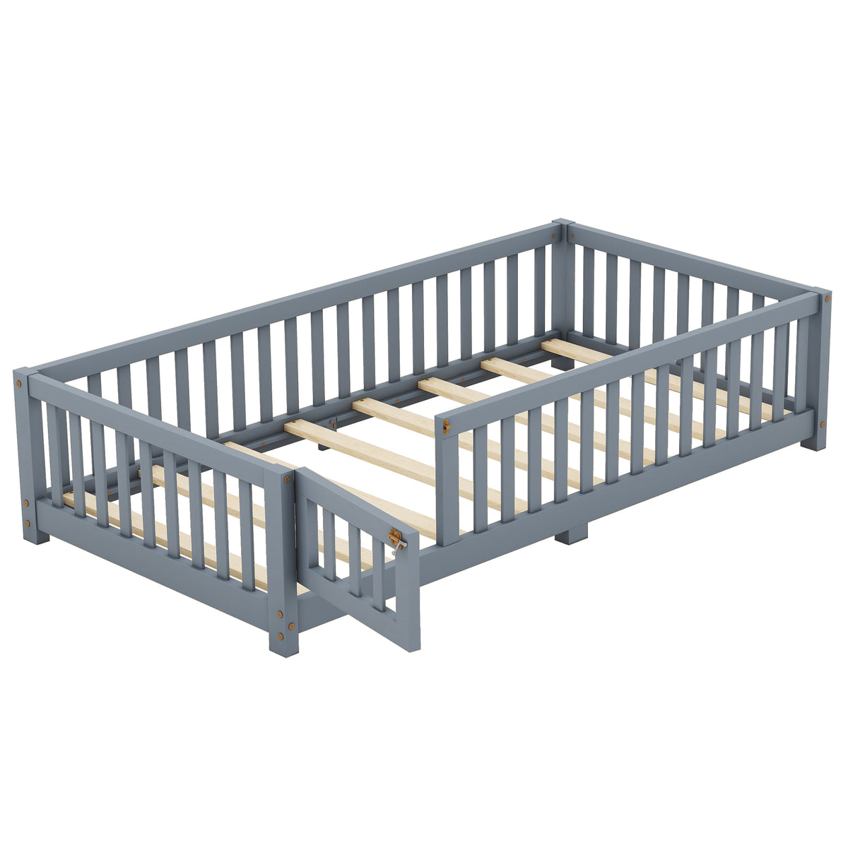 Twin Kids Bed Frame with Safety Rails – Gray
