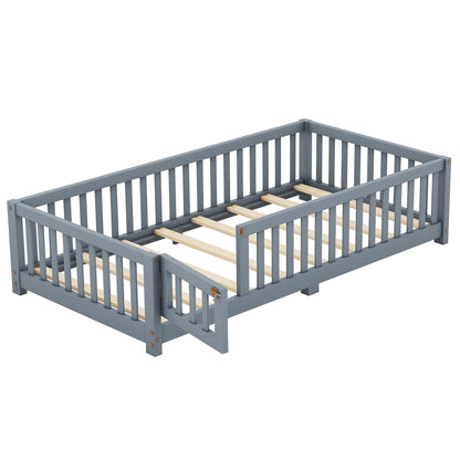 Twin Kids Bed Frame with Safety Rails – Gray