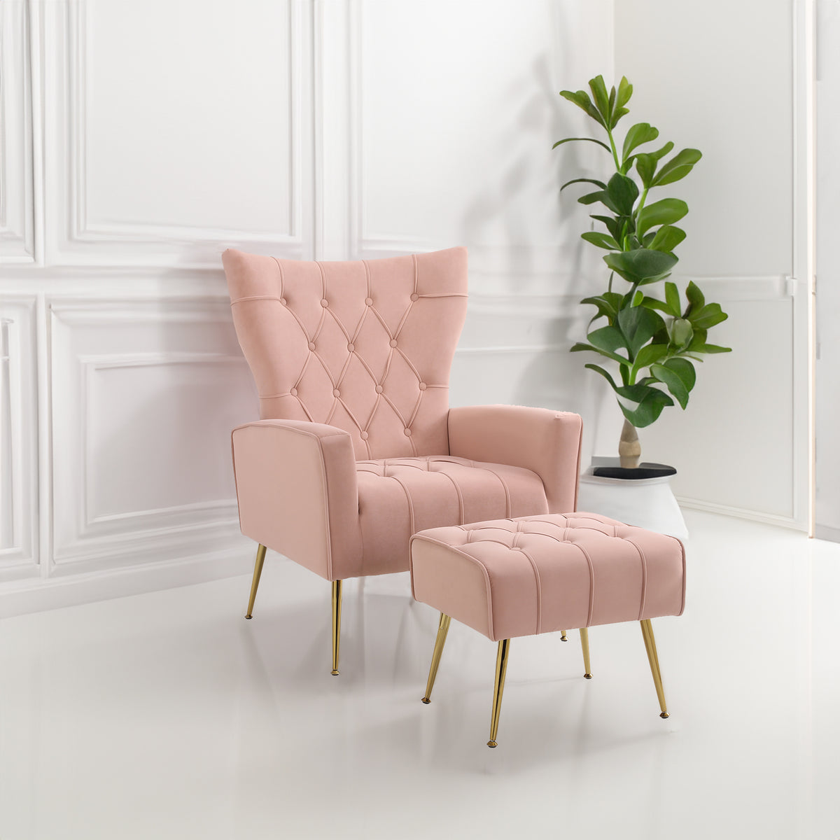 Velvet Accent Chair with Ottoman – Pink