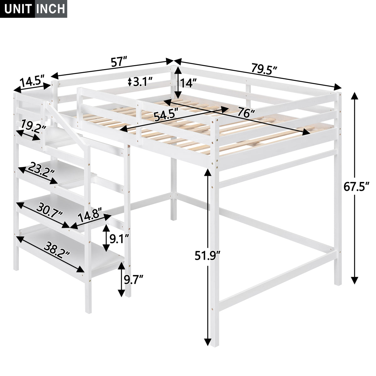 Full Loft Bed with Storage – White Finish