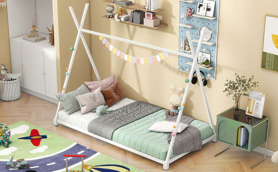 Metal Platform Bed White Triangle Frame