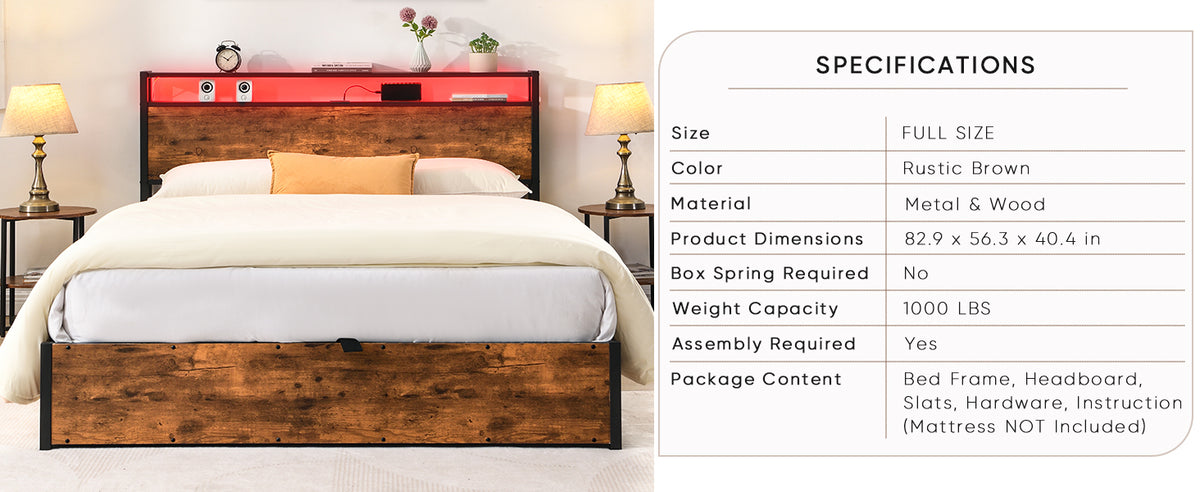 Elevating Platform Bed with LED Headboard Brown