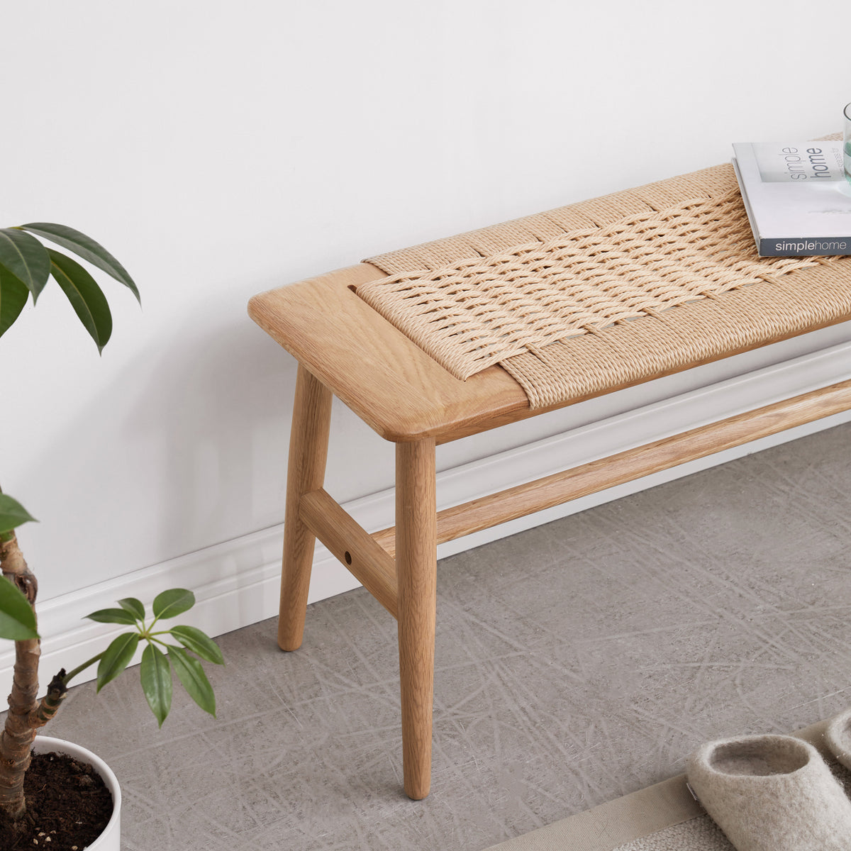 Natural Oak Dining Bench with Woven Seat