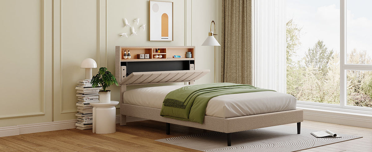 Full Upholstered Storage Bed – Beige Linen