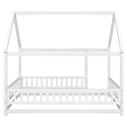 Full Wooden Bed with House Roof Frame White