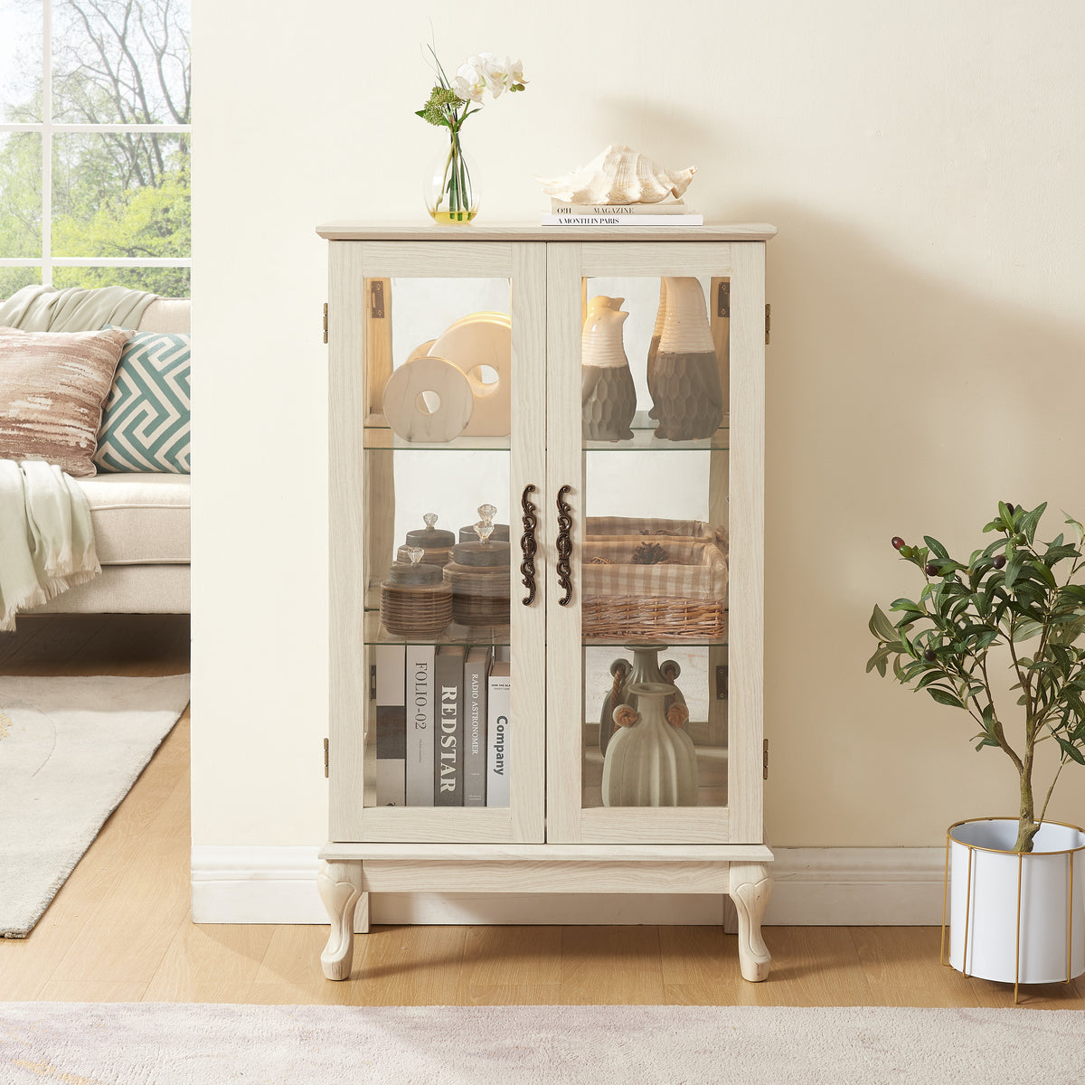 Dual Door Curio Display Cabinet with Adjustable Glass Shelves White