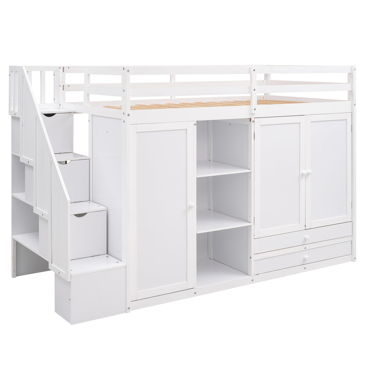 White Loft Bed with Storage and Ladder
