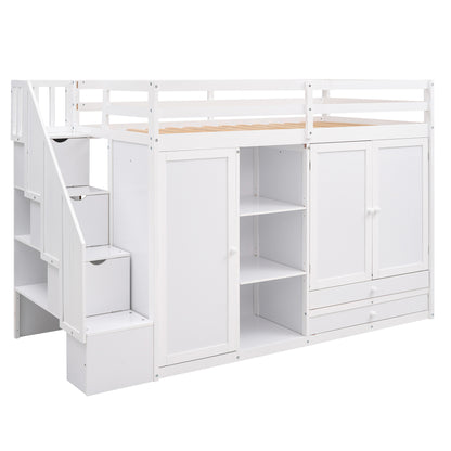White Loft Bed with Storage and Ladder
