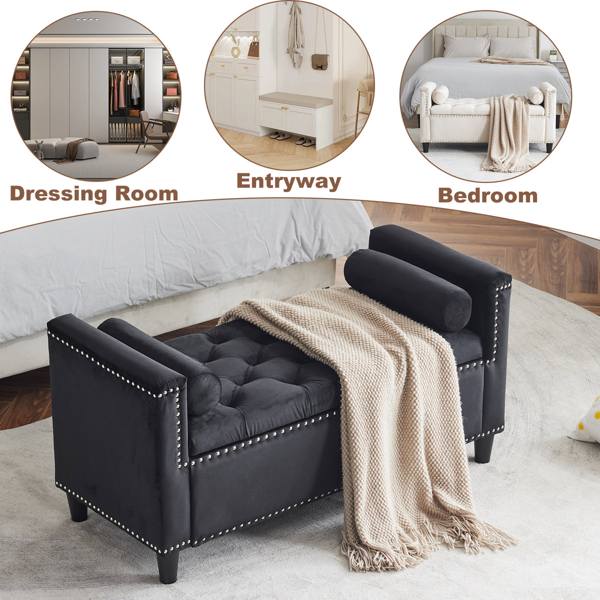 44-Inch Velvet Storage Bench with Armrests Black