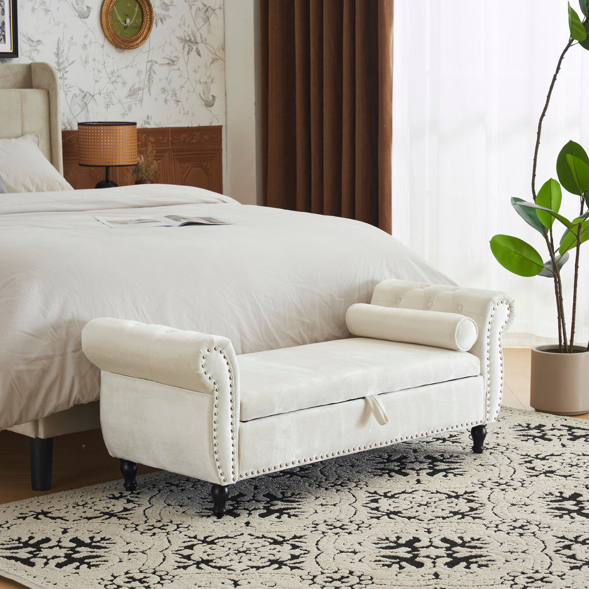 Velvet Storage Ottoman Bench Gray