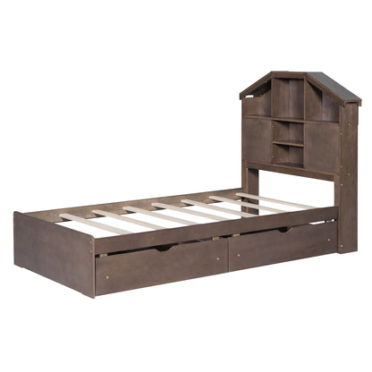Twin Platform Bed with Storage Drawers Walnut