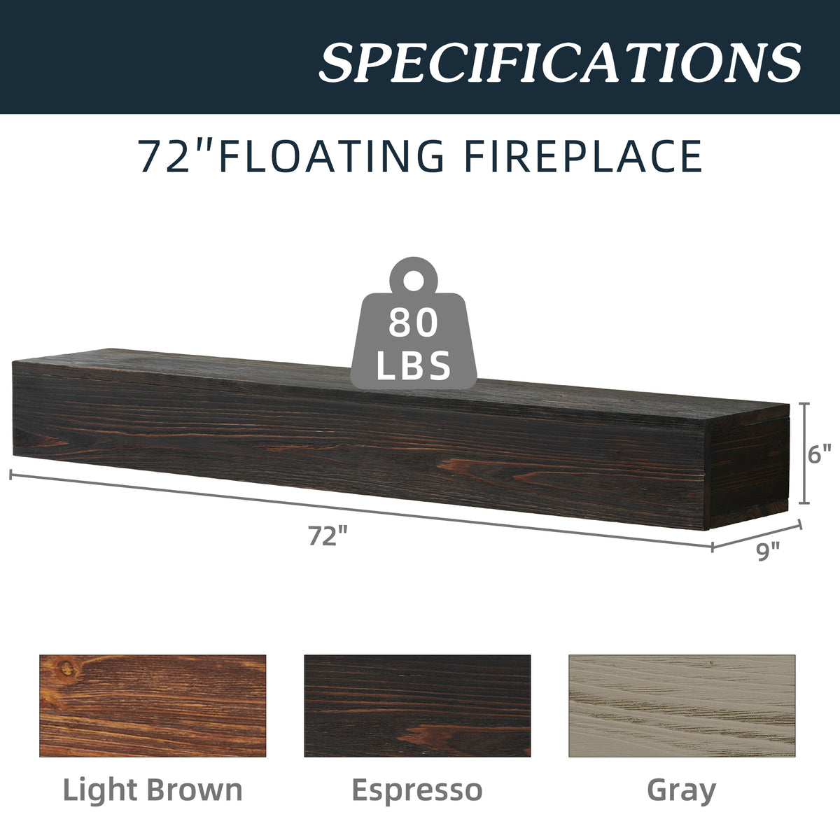 72-Inch Rustic Wood Floating Fireplace Mantel Espresso