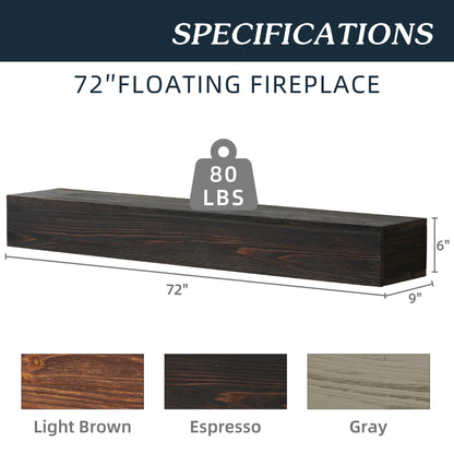 72-Inch Rustic Wood Floating Fireplace Mantel Espresso