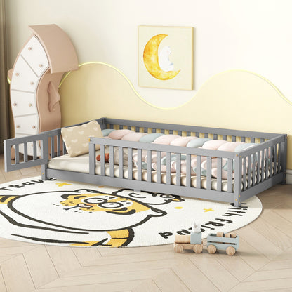 Twin Kids Bed Frame with Safety Rails – Gray