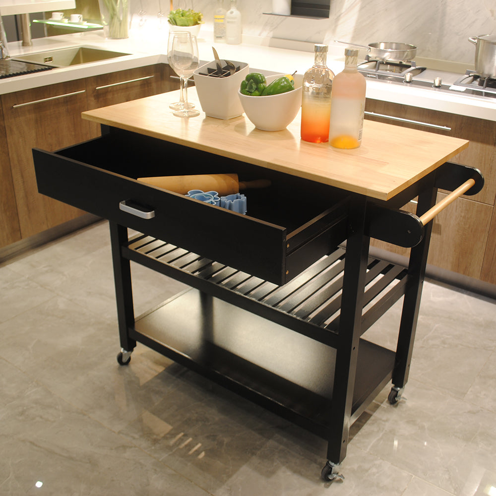Mobile Kitchen Island with Rubber Wood Top