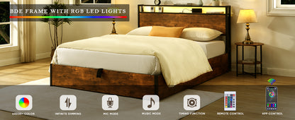Elevating Platform Bed with LED Headboard Brown