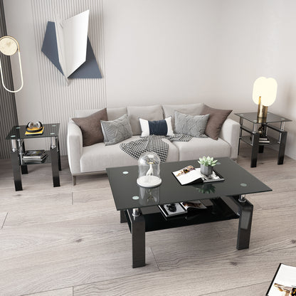 Modern Glass Coffee Tables Set of 2 Black Finish