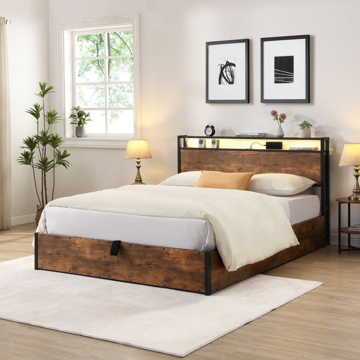 Elevating Platform Bed with LED Headboard Brown