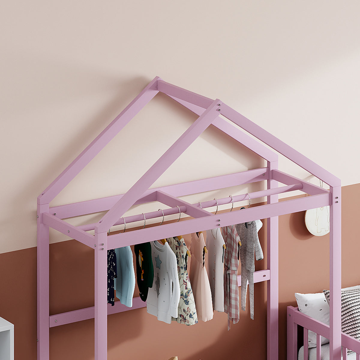 Full Wood Children’s Bed with Clothes Rack Pink