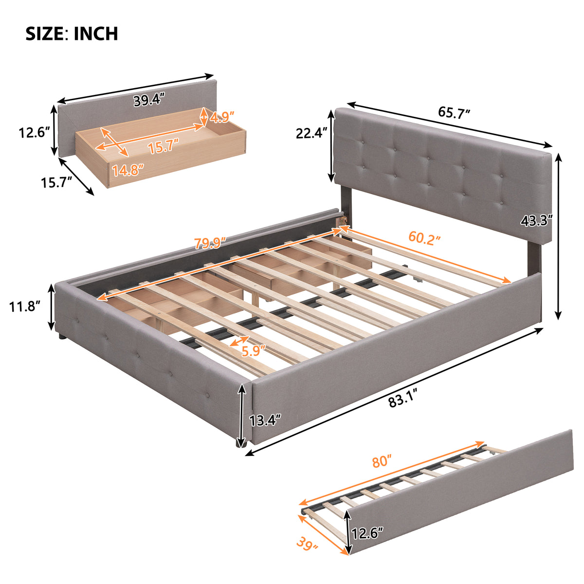 Upholstered Platform Bed Queen Light Gray