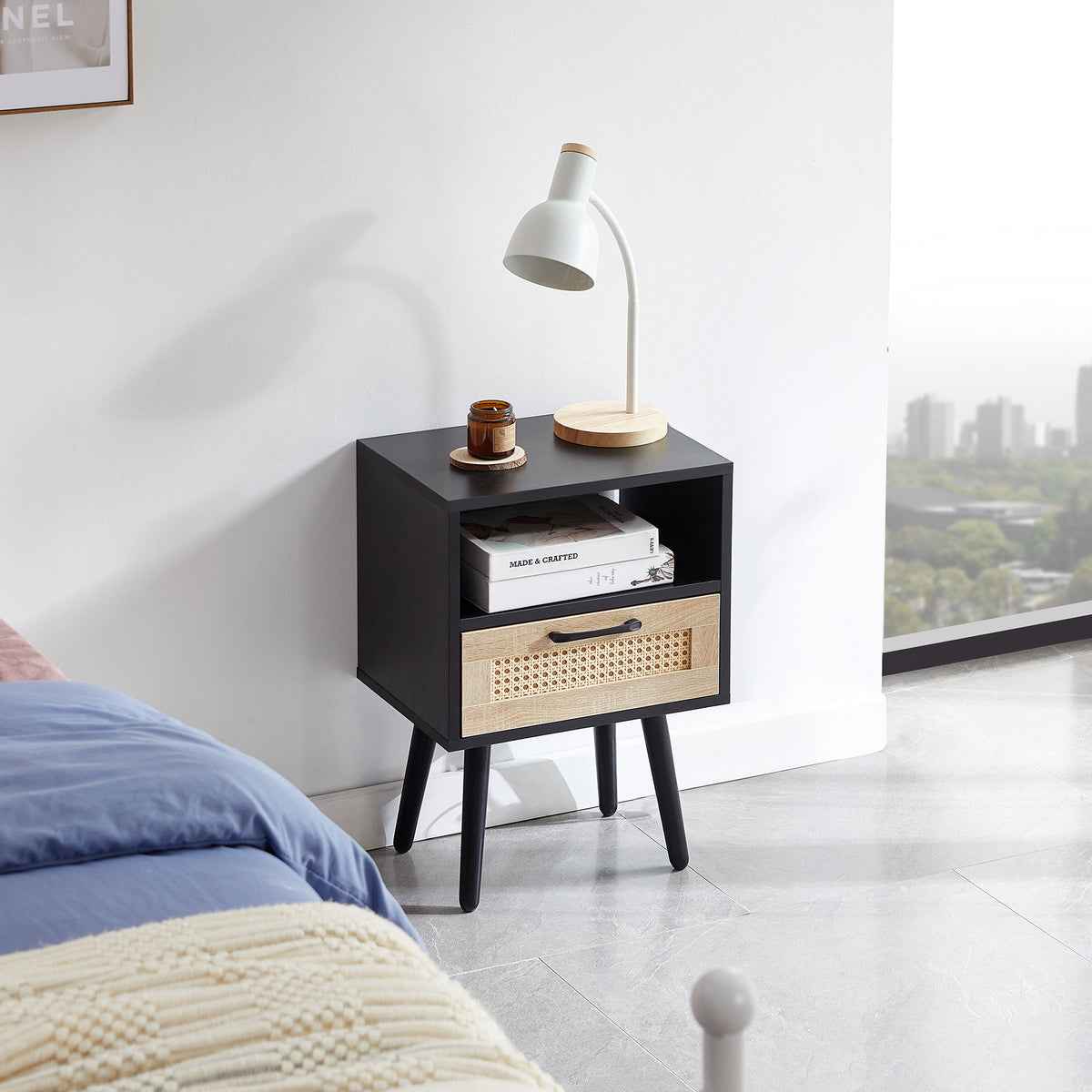 Rattan End Table with Drawer Black