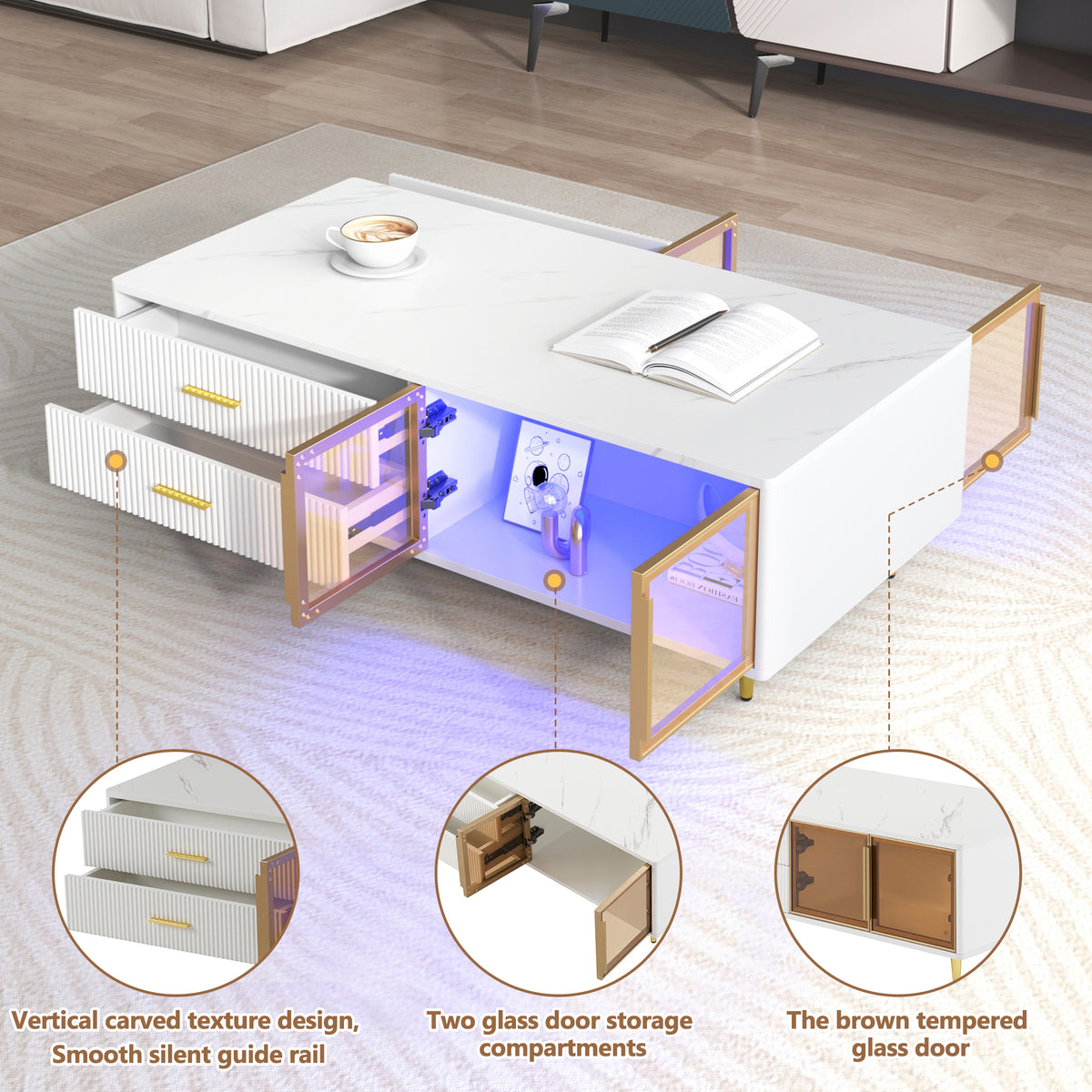 White Coffee Table with Storage Drawers