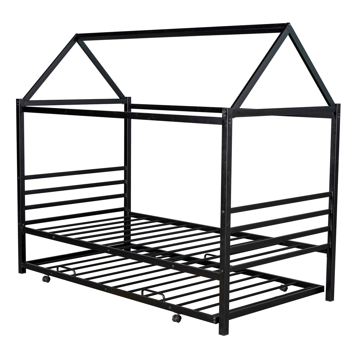 Metal House Platform Bed with Trundle Black