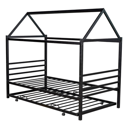 Metal House Platform Bed with Trundle Black