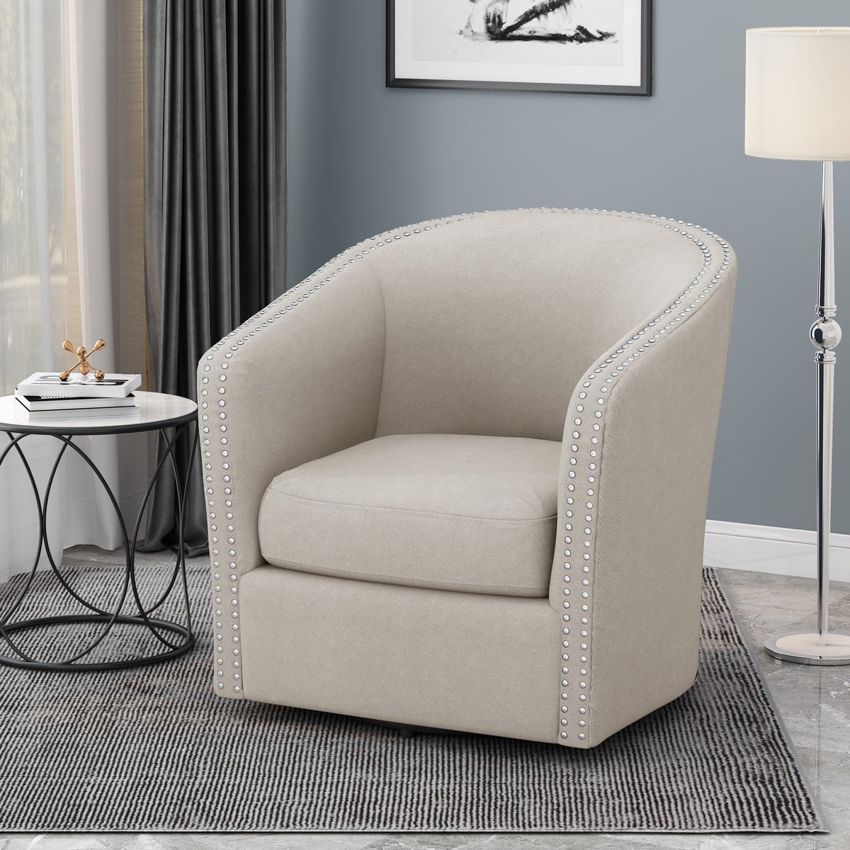 Modern Swivel Lounge Chair – Linen Beige