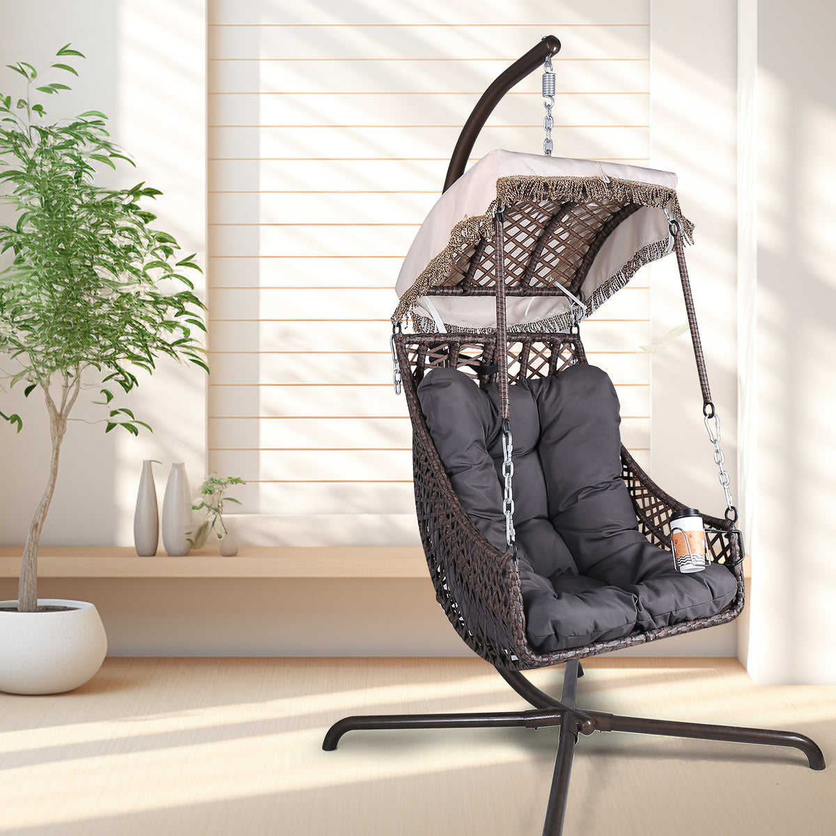 Rattan Swing Egg Chair with Stand Beige