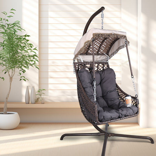 Rattan Swing Egg Chair with Stand Beige