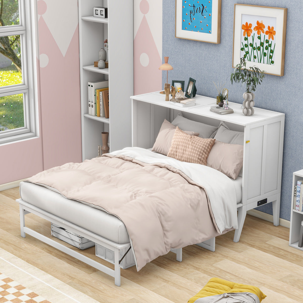 Queen Size Murphy Bed with USB Ports and Storage Shelf