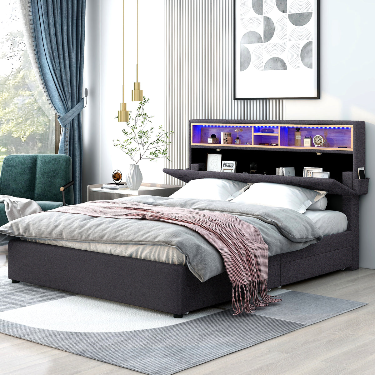 Queen LED Upholstered Storage Bed – Dark Gray