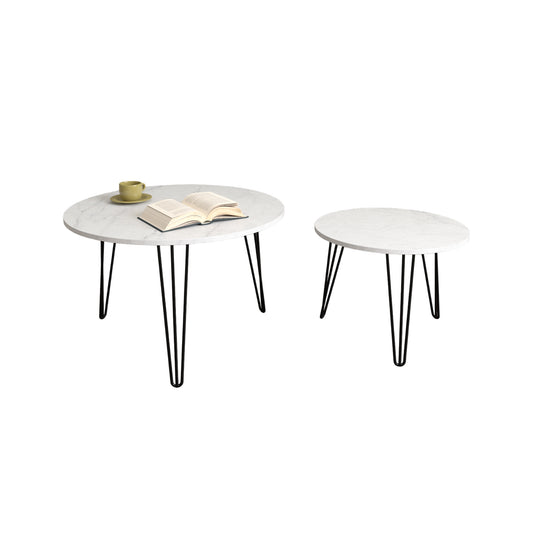 White 2-Piece Round Nesting Coffee Table Set – Marble-Look MDF with Metal Frame