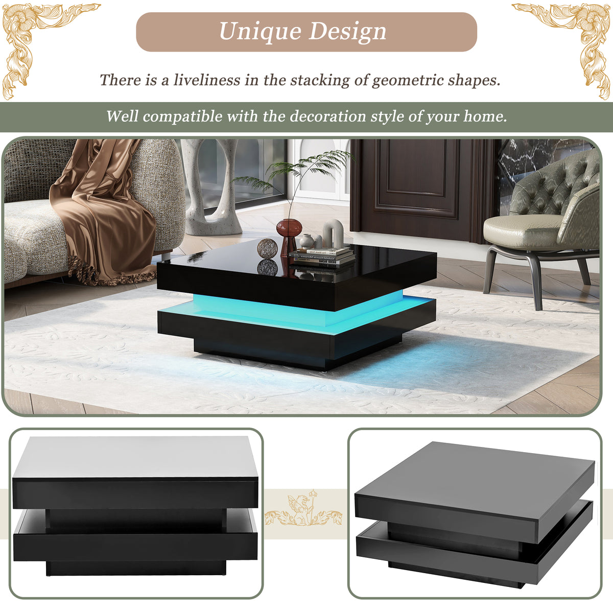 High Gloss Coffee Table with LED Lights Black