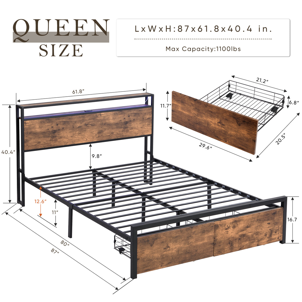 LED Storage Bed Grey