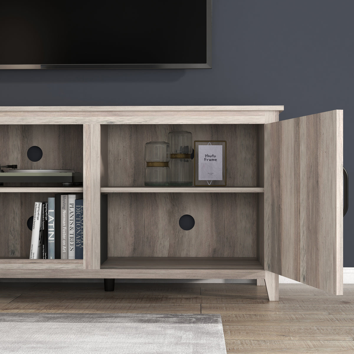 Grey Walnut TV Stand with Storage Cabinets and Media Shelf