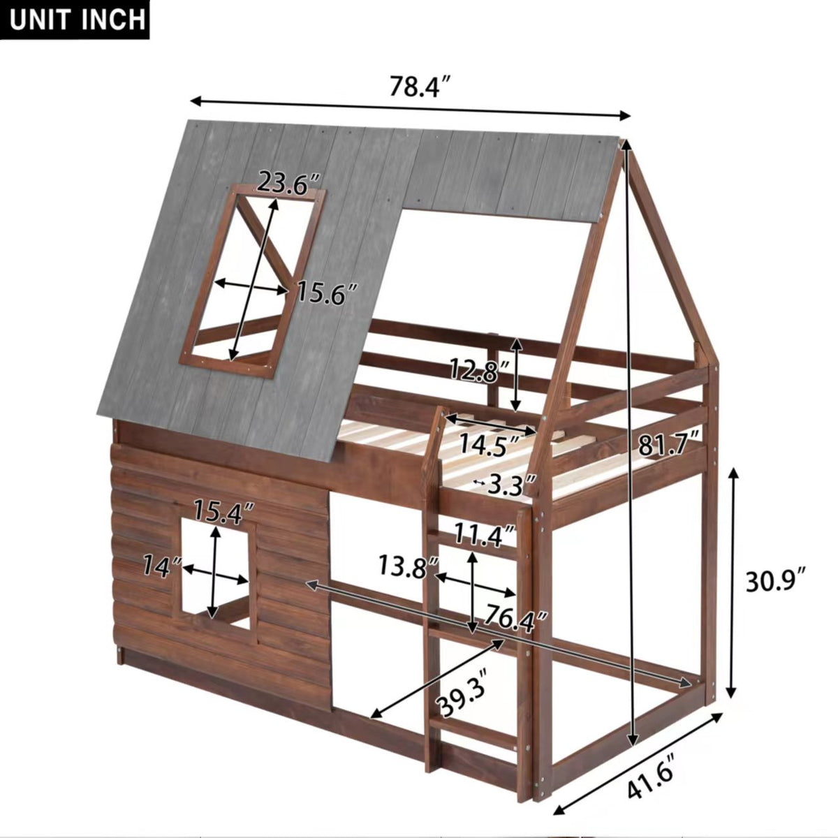 Twin Bunk Bed with Roof Windows Gray