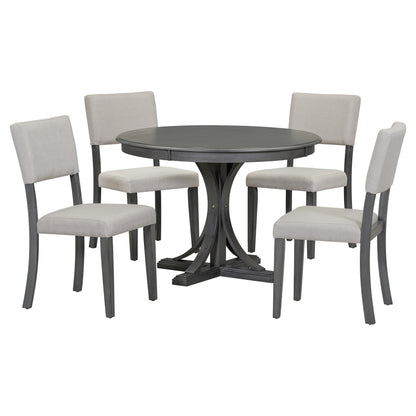 Dark Gray 5-Piece Round Dining Set – Solid Wood Table with Upholstered Chairs