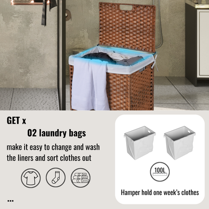 Brown Laundry Hamper with Lid and 2 Removable Bags