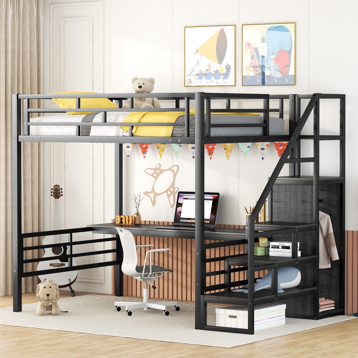 Full Metal Loft Bed with Desk Black
